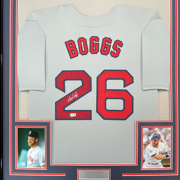 Framed Autographed/Signed Wade Boggs 35x39 Boston Grey Baseball Jersey JSA COA