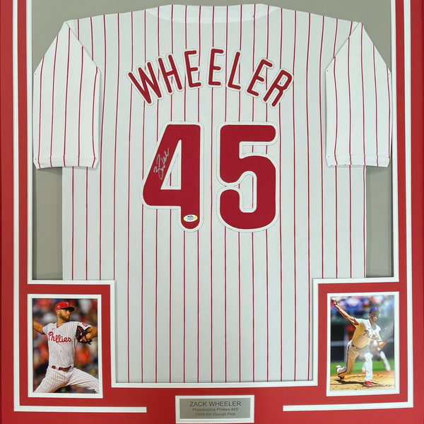 Framed Autographed/Signed Zack Wheeler 35x39 Philadelphia Pinstripe Baseball Jersey PSA/DNA COA