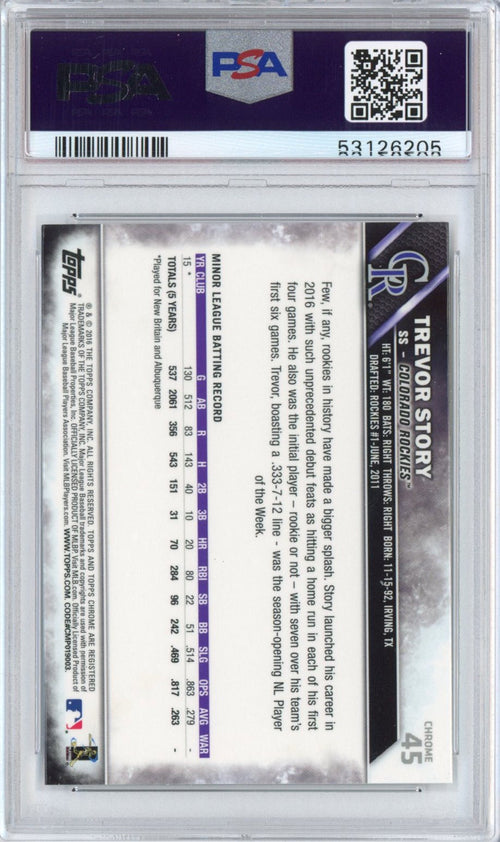 Graded 2016 Topps Chrome Trevor Story #45 Rookie RC Baseball Card PSA 10 Gem Mint