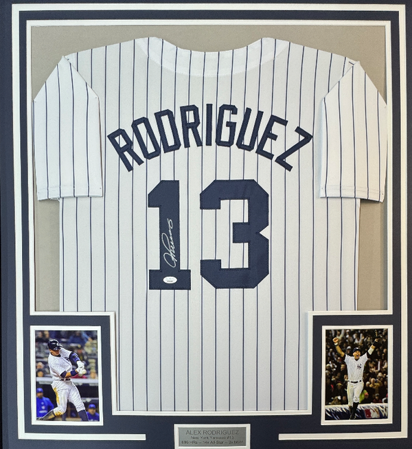 Framed Autographed/Signed Alex Rodriguez 35x39 New York Pinstripe Baseball Jersey JSA COA