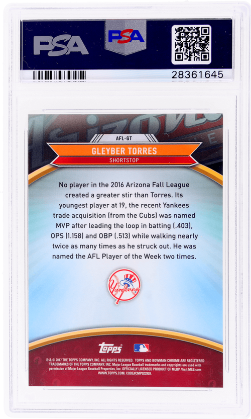Graded 2017 Topps Bowman Chrome Gleyber Torres #AFLGT 2016 AFL Fall Stars Rookie RC Baseball Card PSA 10 Gem Mint