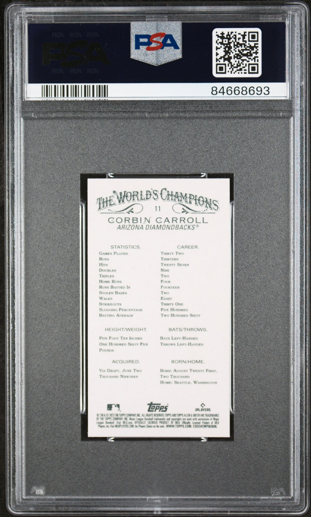 Graded 2023 Topps Allen & Ginter Corbin Carroll #11 Mini Rookie RC Baseball Card PSA 10 Gem Mint